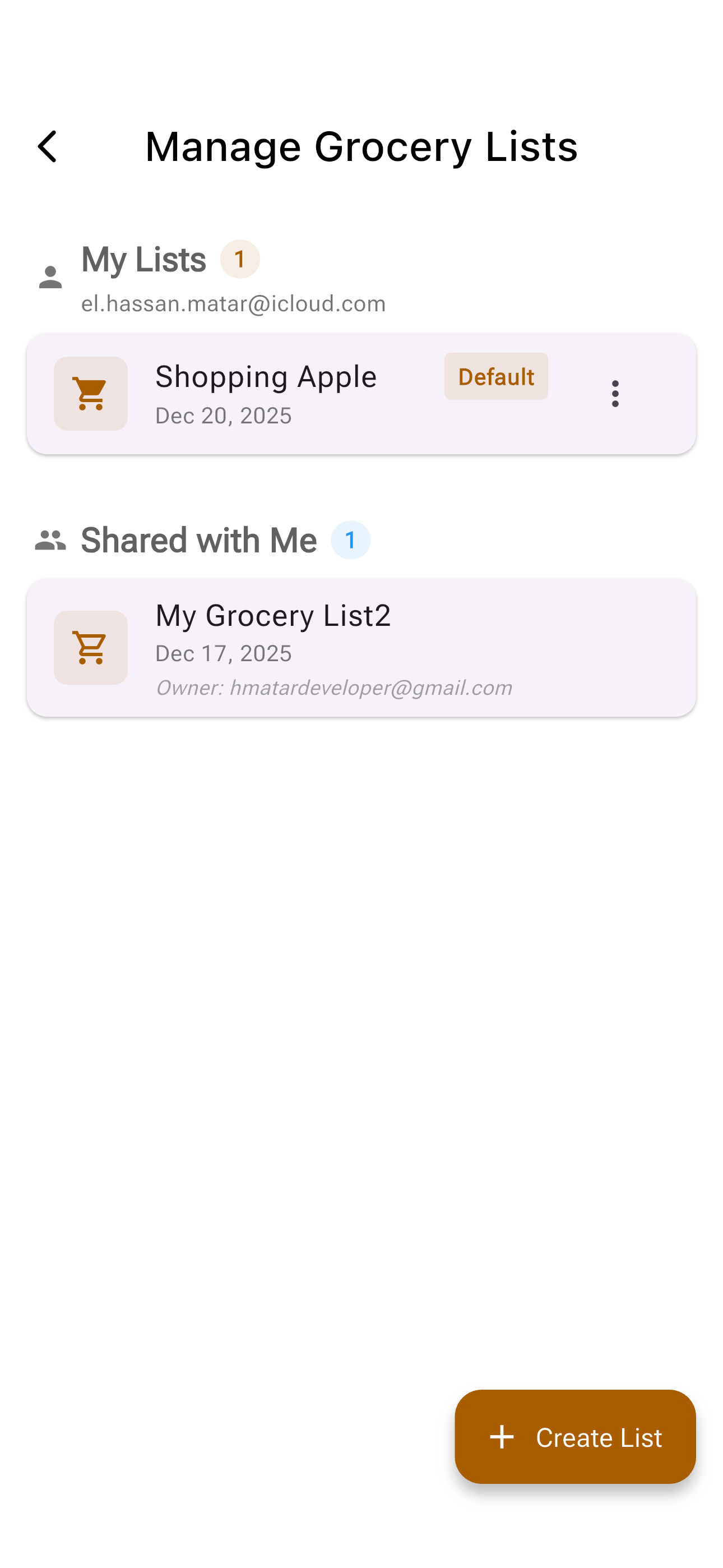 Manage Grocery Lists - View your lists and lists shared with you